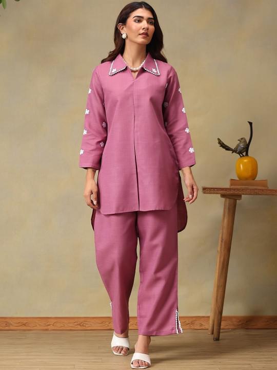 bani women olive color with collar neck casual tunic with trouser co ords set