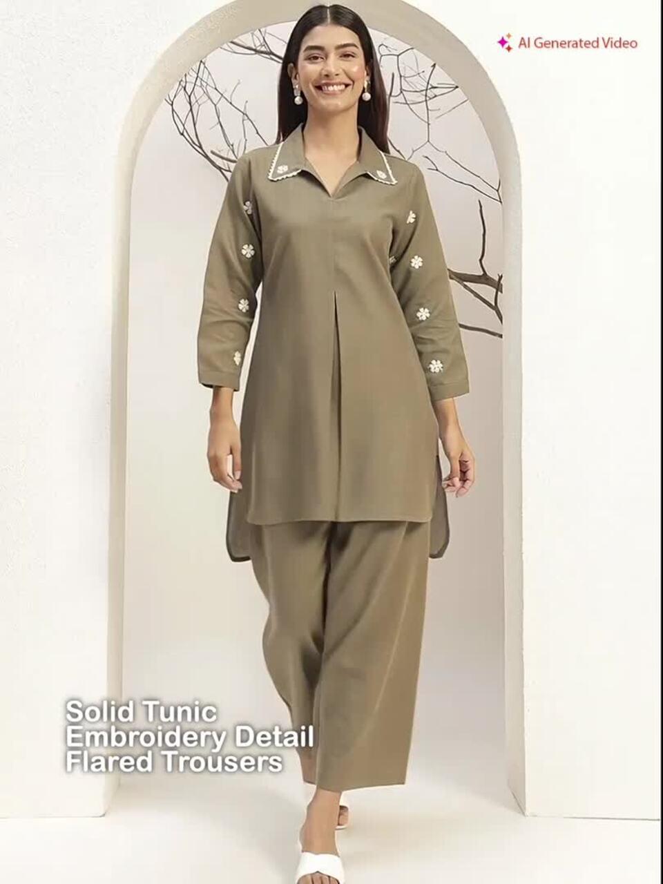 bani women olive color with collar neck casual tunic with trouser co ords set
