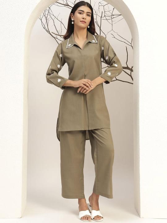 bani women olive color with collar neck casual tunic with trouser co ords set